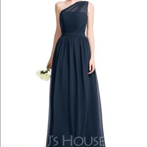 A-line, one-shoulder, floor-length, chiffon dress
